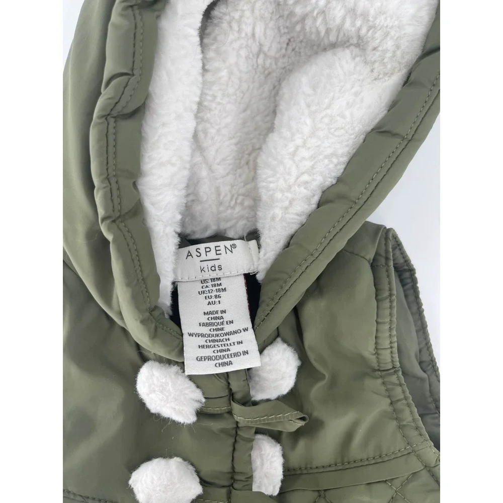 Aspen Kids Hooded Puffer Vest Sherpa Lined Olive Green 18M